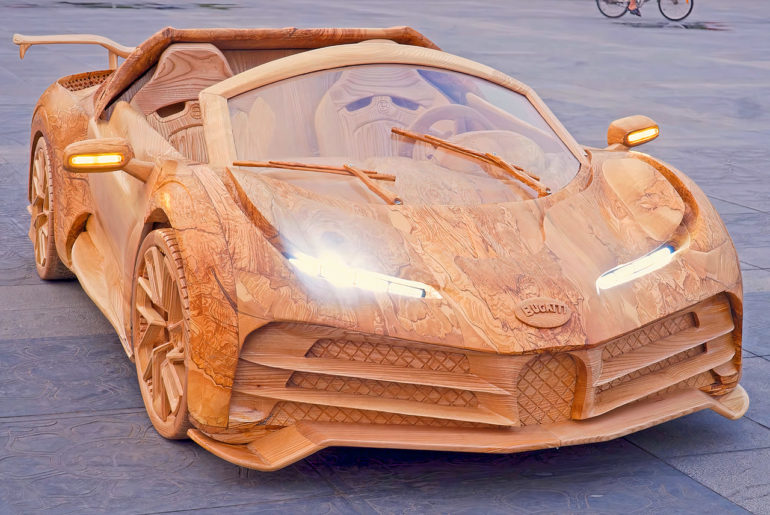 Artist Masterfully Crafts a Miniature Bugatti Centodieci Entirely from Wood