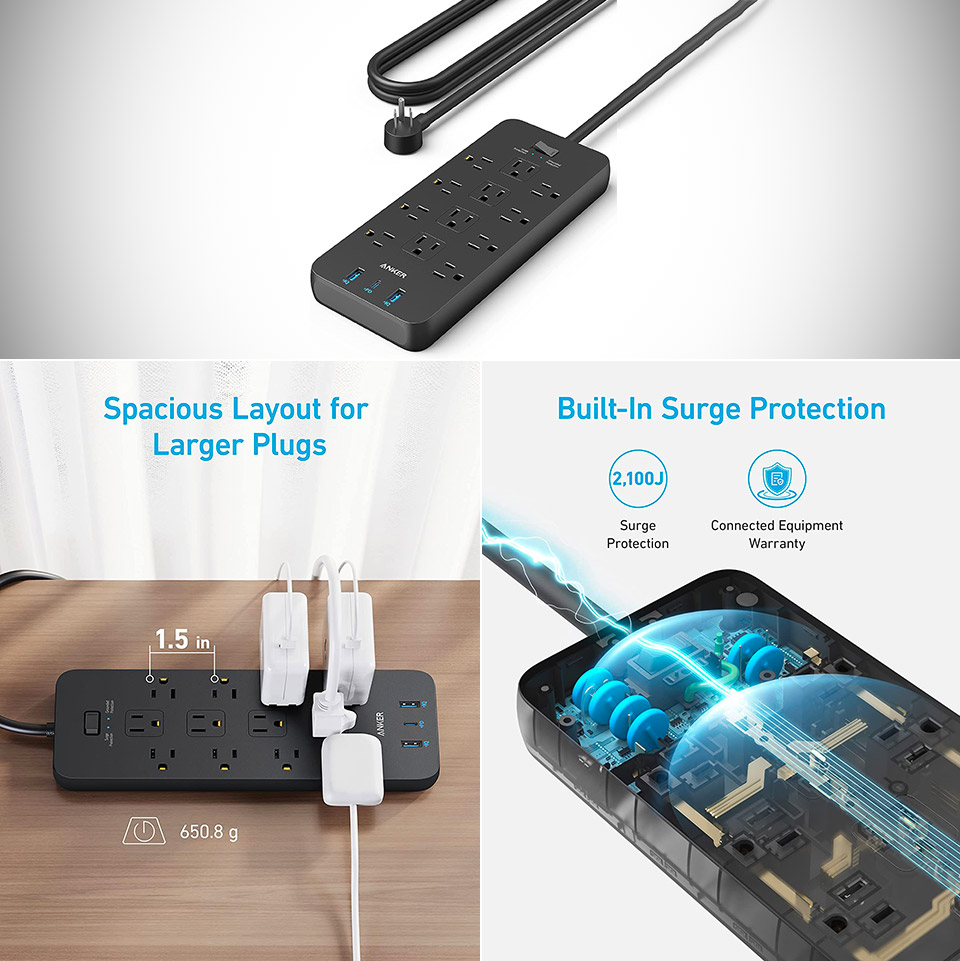 Anker Power Strip Surge Protector 2100J 12 Outlets USB
