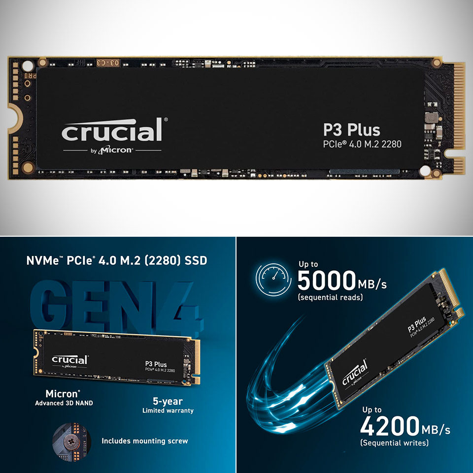 Crucial P3 Plus 4TB PCIe Gen4 3D NAND NVMe M.2 SSD, up to 5000MB/s -  CT4000P3PSSD8