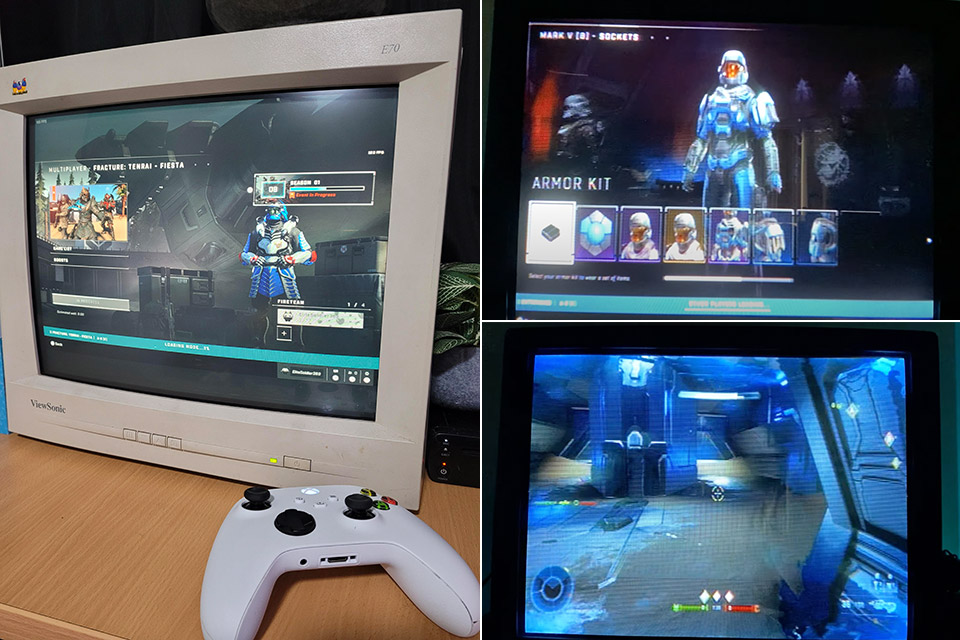 Playing Halo Infinite CRT Monitor TV Xbox